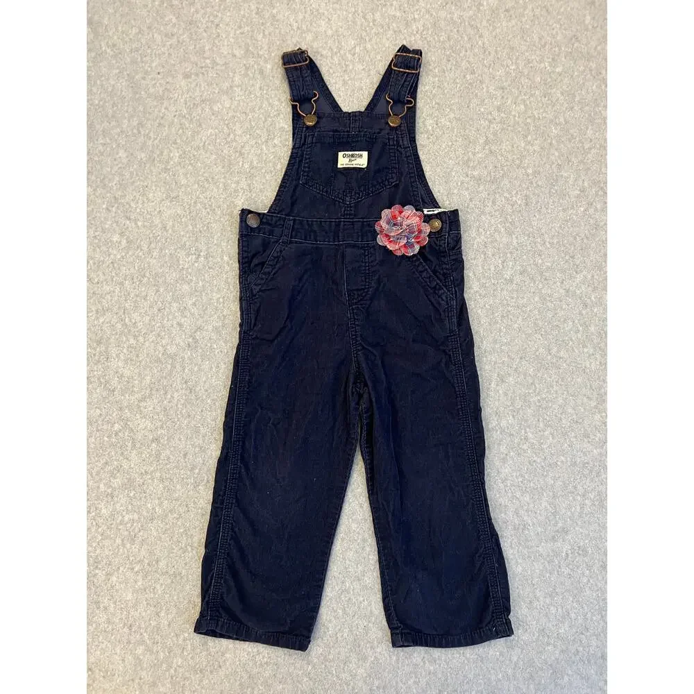 OshKosh B'gosh Baby Girls 2T 100% Cotton Overalls Corduroy 3D Flower Navy‎ Blue